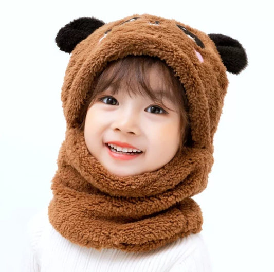 Beanie Wool Cap With Neck Warmer Attached. KIDS WOOL CAP Cartoon Panda Baby