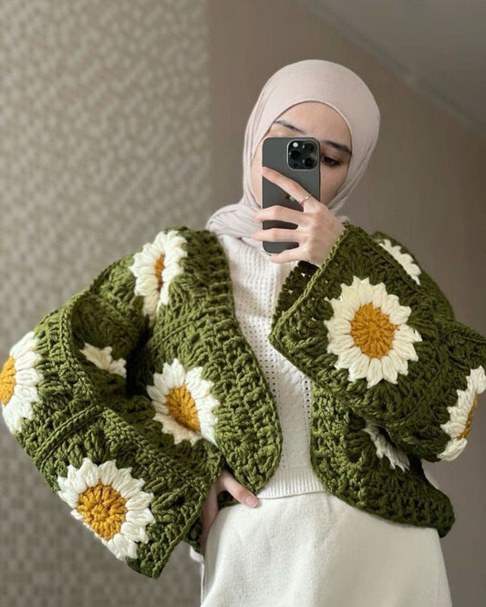 Handmade Daisy Crochet Cardigan – Custom Floral Granny Square Jacket