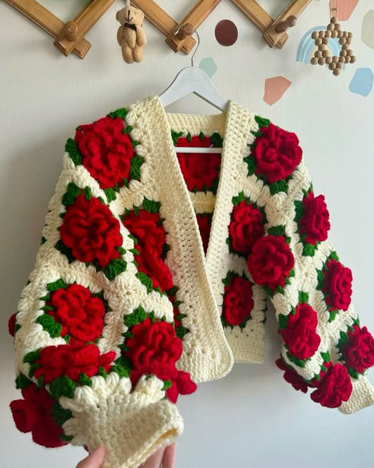 Handmade Crochet Rose Cardigan – Cream Floral 3D Rose Sweater for Women