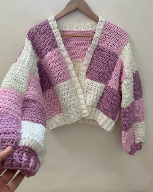 Handmade Crochet Patchwork Cardigan – Custom Color Y2K Chunky Knit Cropped Sweater