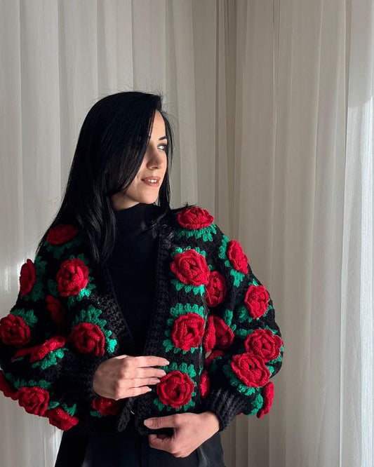 Handmade Crochet Rose Cardigan – 3D Red Rose Floral Sweater for Women
