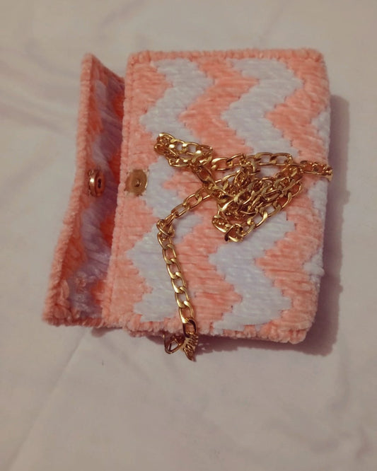 Handmade Canvas plastic  Shoulder Bag | Pink & White with Golden Chain