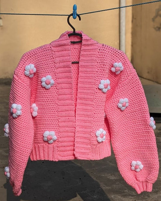 Handmade Pink Crochet Flower Cardigan | Cozy & Stylish Wear