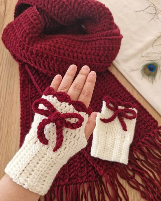 Handmade Crochet Wrist Warmers – Cozy Fingerless Gloves with Bow Detailing