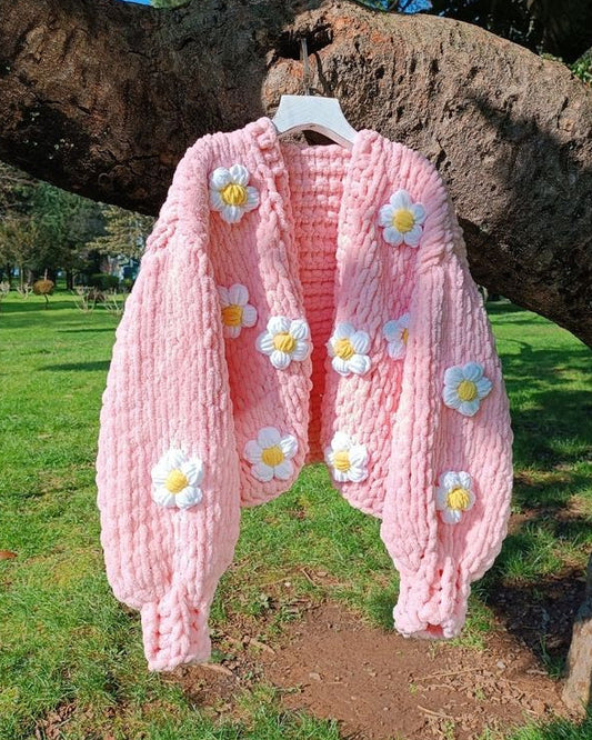 Handmade Pink Daisy Crochet Cardigan – Soft, Cozy & Aesthetic Winter Wear