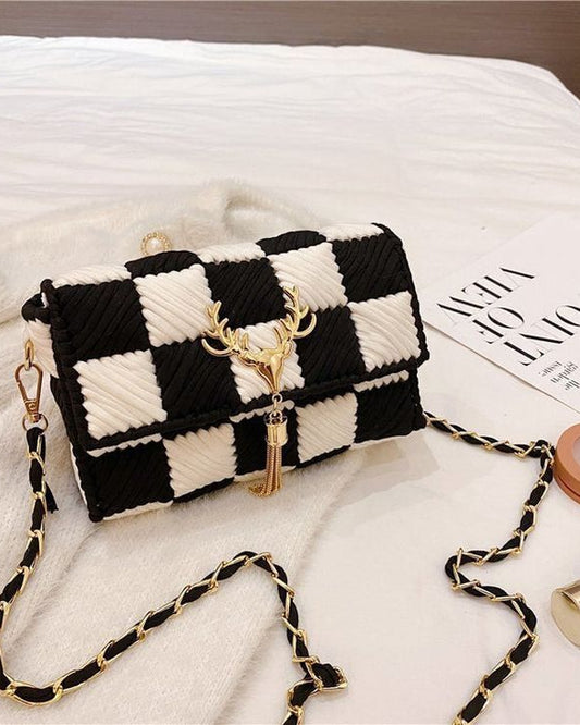 Handmade Black & grey Crochet Bag | Checker Design with Golden Chain