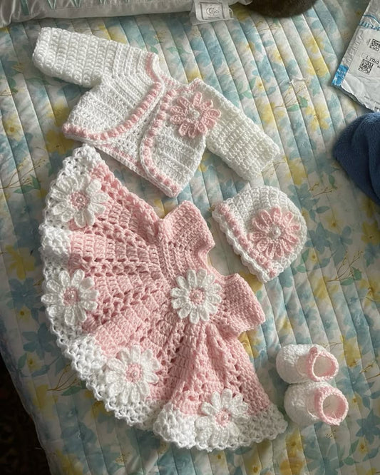 Handcrafted Crochet Baby Dress Set with Cap & Booties