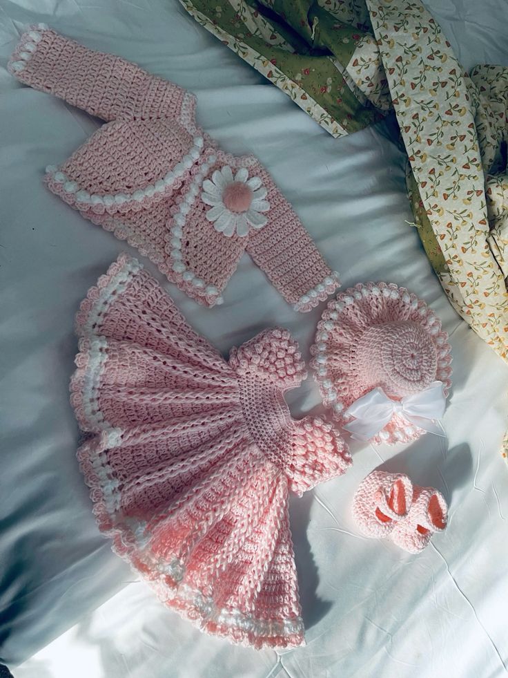Handcrafted Crochet Baby Dress Set with Cap & Booties
