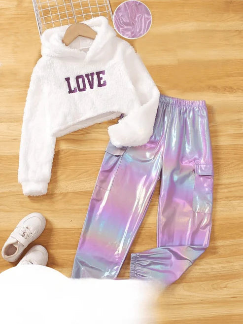 Kids Furry Love Hoodie & Holographic Pants Set – Cozy, Trendy Outfit for Girls & Boys